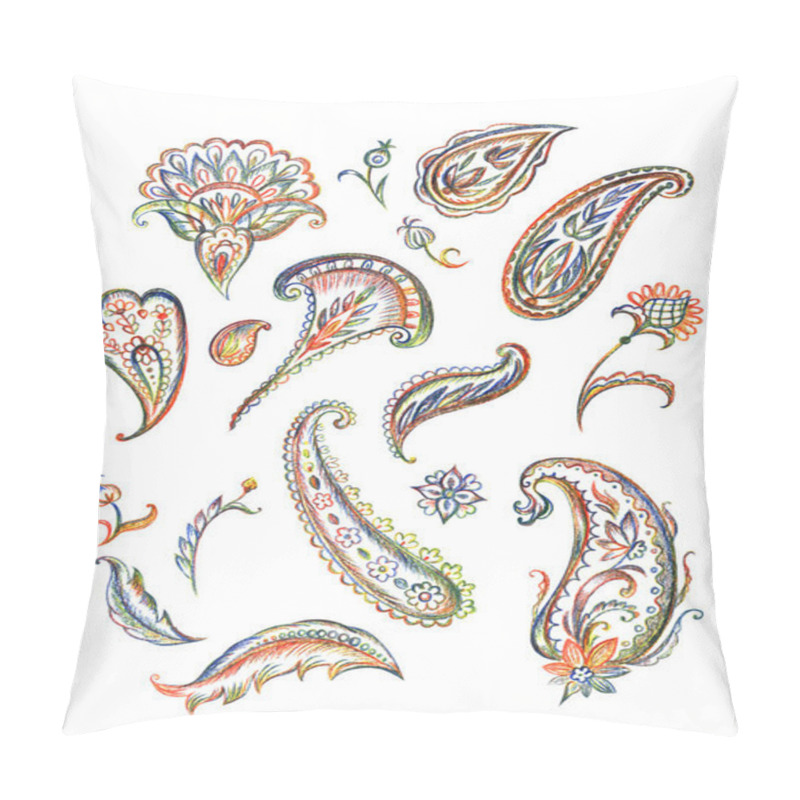 Personality  A Set Of Paisley Patterns, A Pencil Drawing On A White Background With Clipping Path, Isolated. Pillow Covers