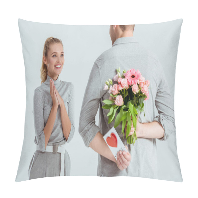 Personality  Woman With Folded Hands Looking At Man Hiding Flower Bouquet And Valentines Greeting Card Behind Back Isolated On Grey Pillow Covers