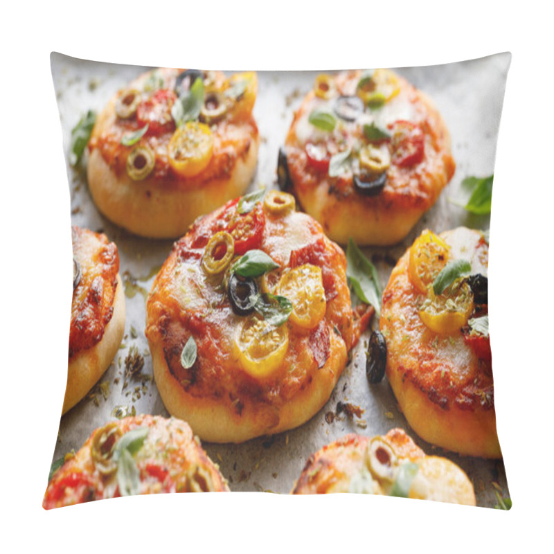 Personality  Mini Pizzas With The Addition Of Vegetables,  Mozzarella Cheese And Fresh Basil On White Baking Paper, Close-up. Pillow Covers