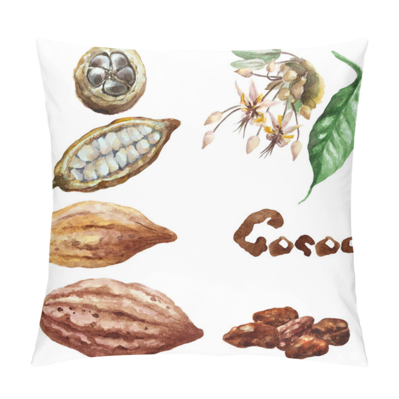 Personality  Set Of Whole And Cut Cocoa Pods, Beans, Flower And Leaf On A White Background. Hand Drawn Watercolor Illustration. Pillow Covers