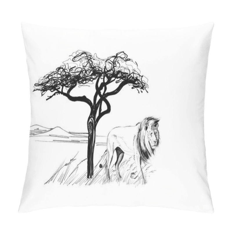 Personality  Lion Male Near A Tree In Africa. Hand Drawn Illustration. Collection Of Hand Drawn Illustrations (originals, No Tracing) Pillow Covers