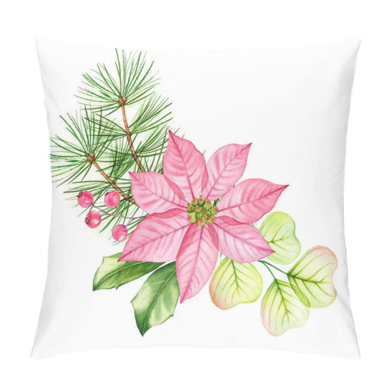 Personality  Watercolor Christmas Composition. Transparent Poinsettia Flowers, Eucalyptus Leaves, Pine Tree Branches. Hand Painted Illustration For Winter Holiday Season, Greeting Cards, Banners, Calendars Pillow Covers