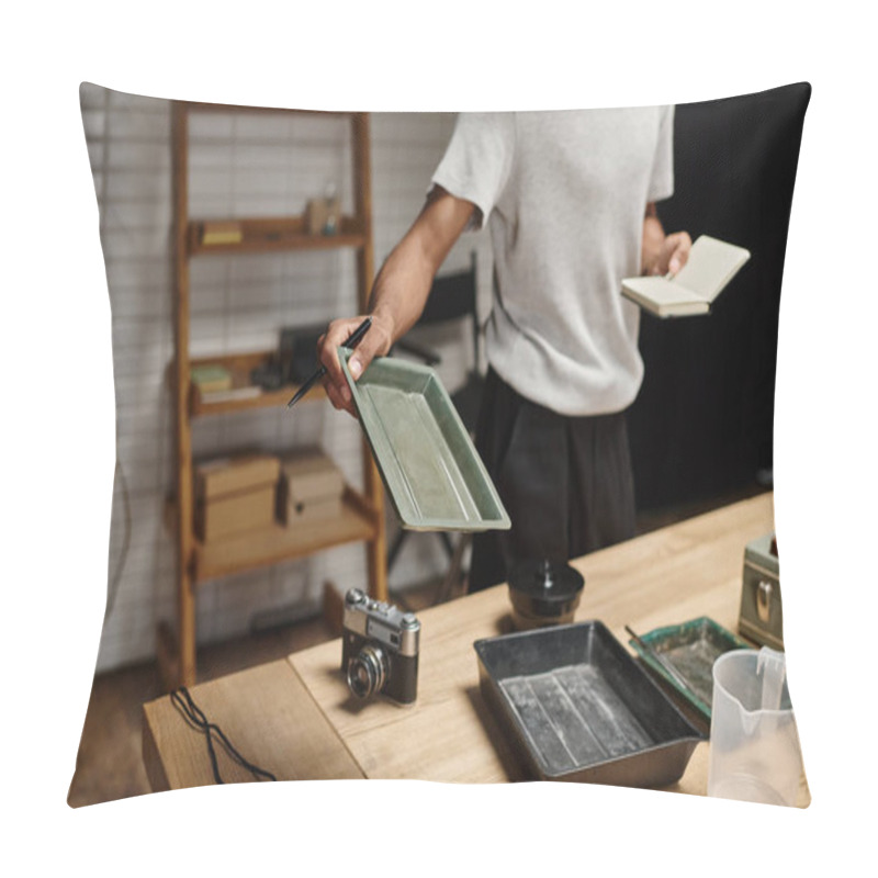 Personality  Young African American Photographer Expertly Handles Film Tray In A Modern Analog Darkroom Pillow Covers