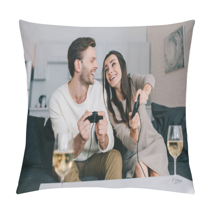 Personality  Happy Young Couple With Glasses Of Wine Playing Retro Video Game On Couch At Home Pillow Covers