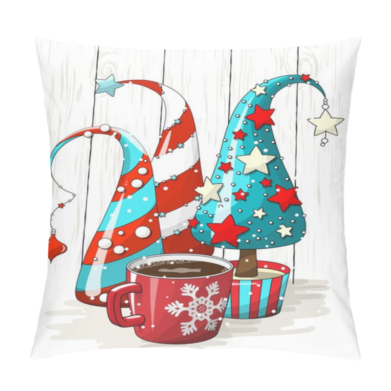 Personality  Group Of Abstract Christmas Trees And Red Coffee Cup, Holiday Motive, Illustration Pillow Covers