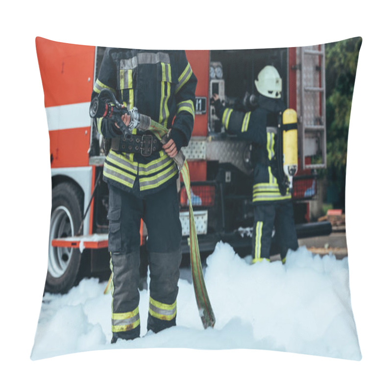 Personality  Cropped Shot Of Firefighter In Water Hose In Hands Standing In Foam On Street Pillow Covers