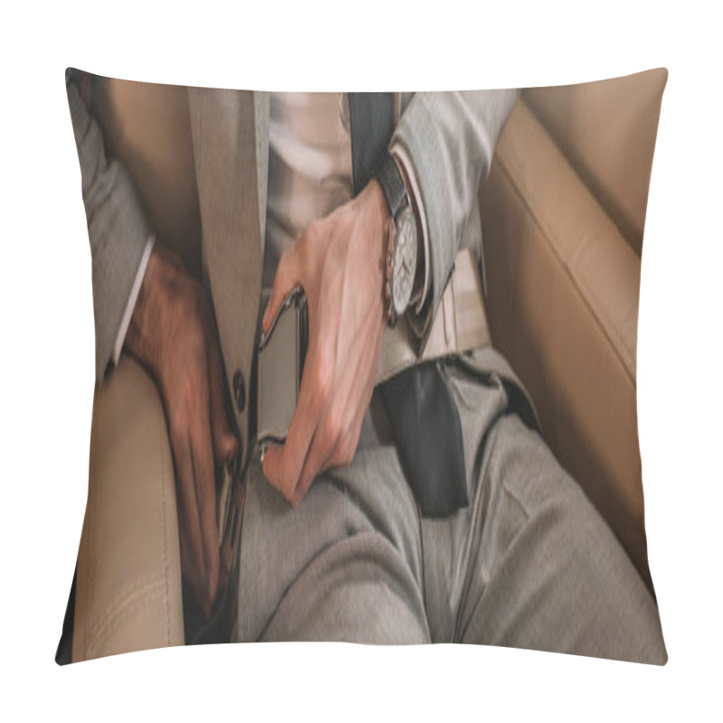 Personality  Partial View Of Businessman Fastening Safety Belt While Sitting In Private Plane, Panoramic Shot Pillow Covers