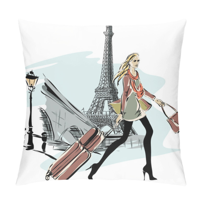 Personality  Fashion Models With Luggage In Sketch Style And Paris City Background Pillow Covers