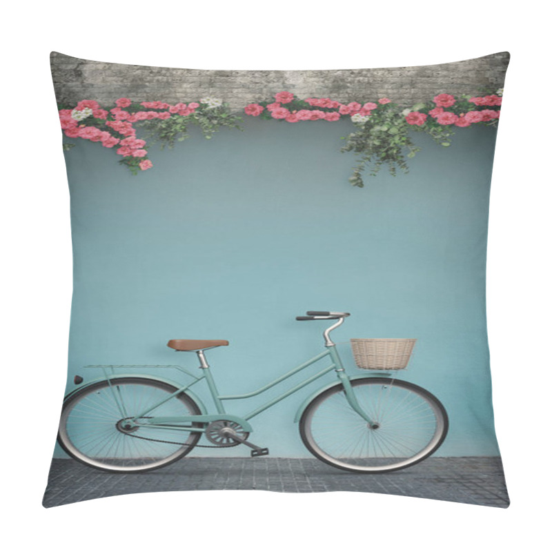 Personality  Composite Image Of A Charming Scene Featuring A Classic Female Bicycle Leaning Against A Wall Adorned With Beautiful Flowers. The Wall Offers A Blank Space, Perfect For Adding Your Own Custom Text Or Message. Pillow Covers