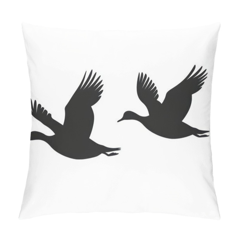 Personality  Silhouette Of Two Flying Ducks Against A White Background, Showcasing Their Graceful Wings And Streamlined Bodies. Pillow Covers