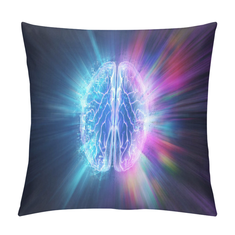 Personality  Creative Background, The Human Brain On A Blue Background, The Hemisphere Is Responsible For Logic, And Responsible For Creativity. Of Different Hemispheres Of The Brain, 3D Illustration, 3D Render Pillow Covers