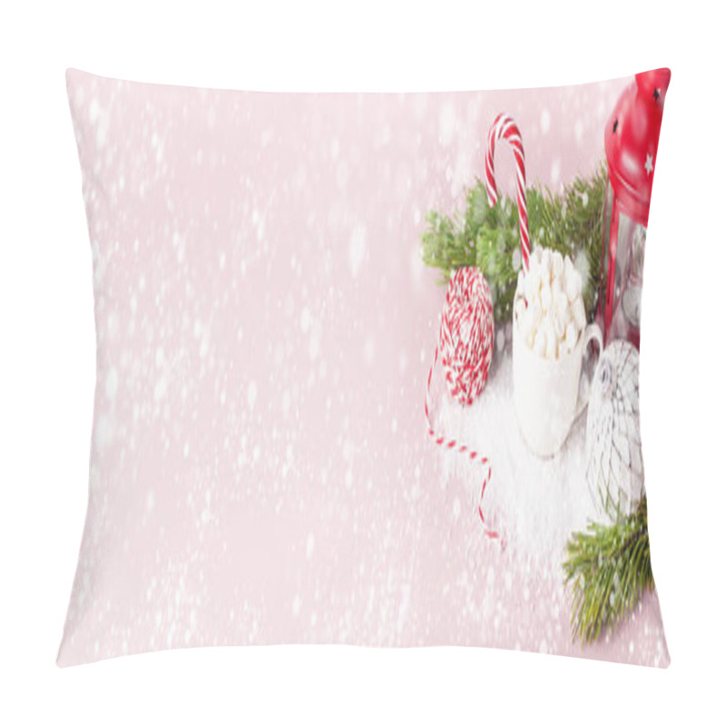 Personality  White Mug With Marshmallows Candy Cane, Gifts Boxes Pine Branches Christmas New Year Ball Packaging Lace Flashlight In The Snow On Pink Background Flat Lay Winter Traditional Drink Food Festive Decor Pillow Covers