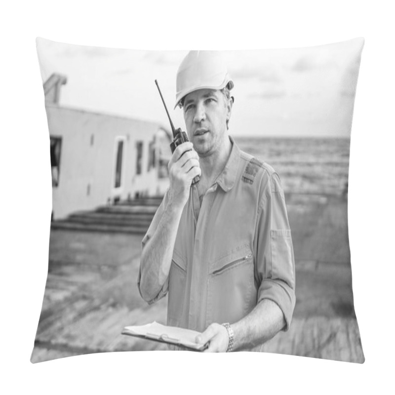 Personality  Deck Officer On Deck Of Offshore Vessel Holds VHF Walkie-talkie Radio Pillow Covers