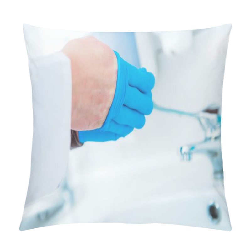 Personality  Doctor Removing Medical Disposable Safety Gloves From His Hands.  Pillow Covers