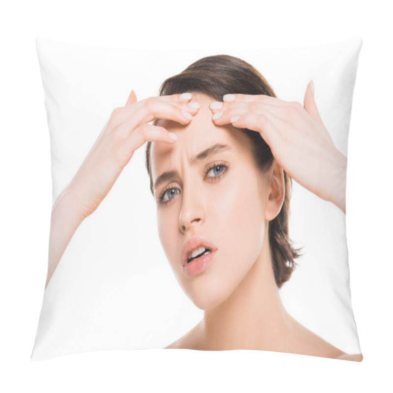 Personality  Attractive Brunette Woman Touching Forehead Isolated On White  Pillow Covers