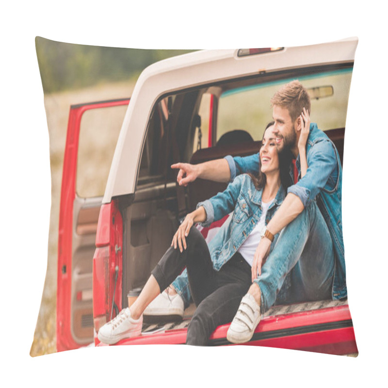 Personality  Beautiful Young Couple Relaxing In Car Trunk During Trip And Pointing Somewhere Pillow Covers