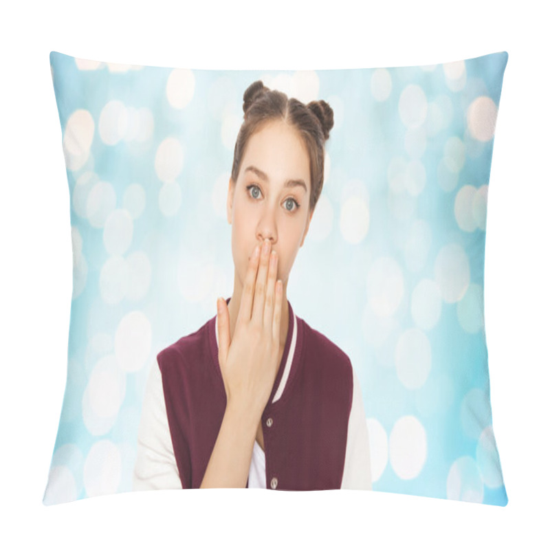 Personality  Confused Teenage Girl Covering Her Mouth By Hand Pillow Covers