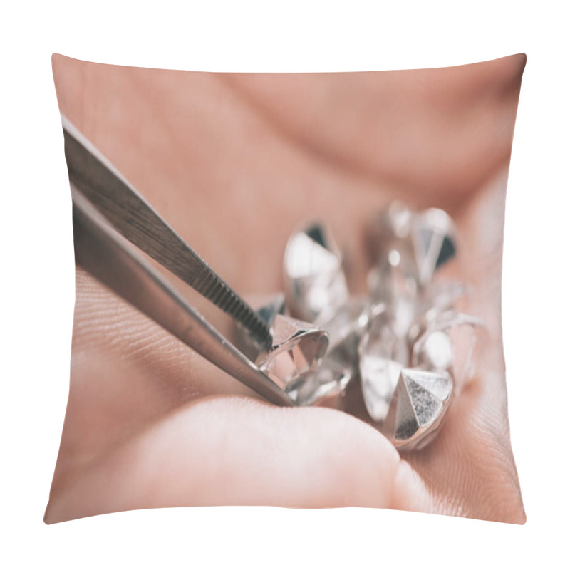 Personality  Close Up Of Tweezers Near Shiny Diamonds In Hand Pillow Covers