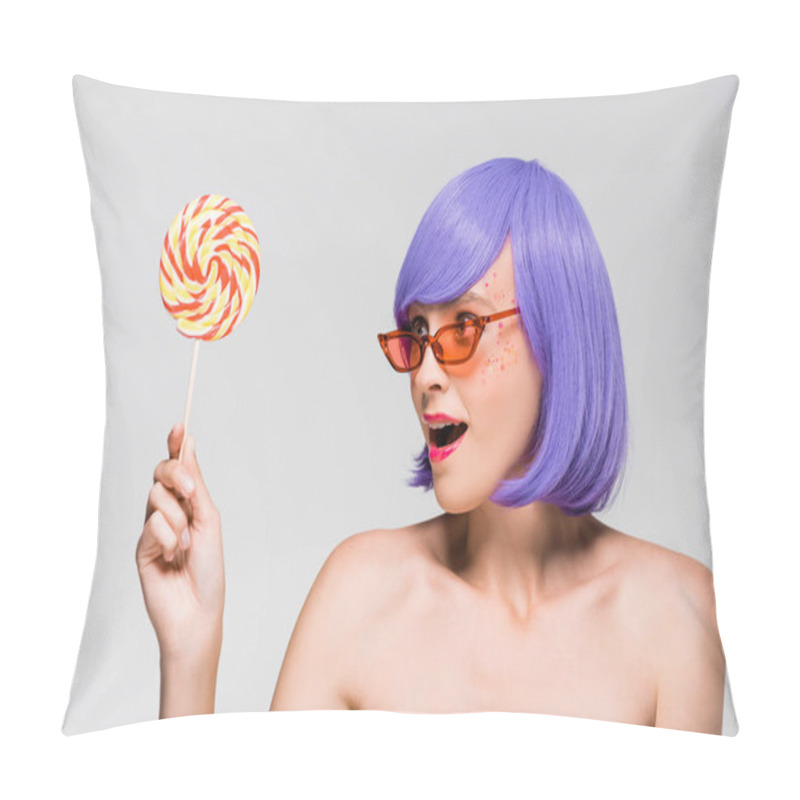 Personality  Surprised Girl In Purple Wig And Sunglasses Looking At Lollipop, Isolated On Grey  Pillow Covers