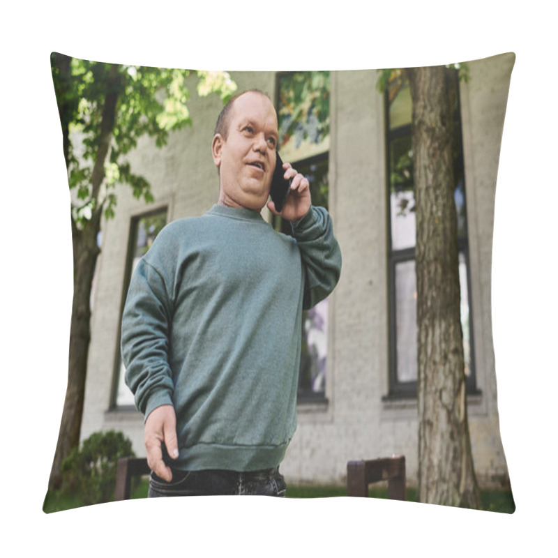 Personality  A Man With Inclusivity In A Green Sweater Talks On His Phone Outside A Building. Pillow Covers