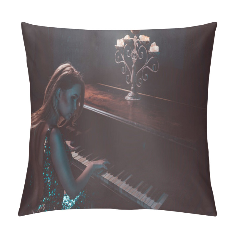 Personality  Beautiful Woman With Fancy Elegant Dress Posing In The Piano Roo Pillow Covers