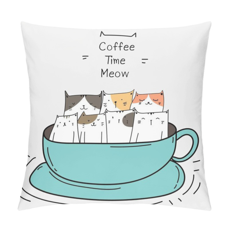 Personality  Cute Cats In The Cup. Coffee Time Vector Illustration. Pillow Covers