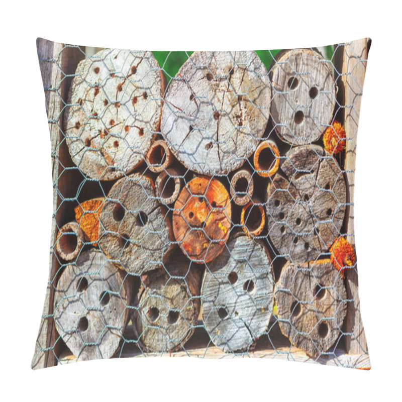 Personality  Collection Of Logs With Various Sizes Of Drilled Holes, Arranged In A Wooden Frame And Covered With A Wire Mesh. Bug Hotel, Designed To Provide Shelter For Beneficial Insects Such As Bees And Ladybugs Pillow Covers