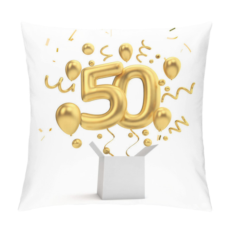 Personality  Happy 50th Birthday Gold Surprise Balloon And Box. 3D Rendering Pillow Covers