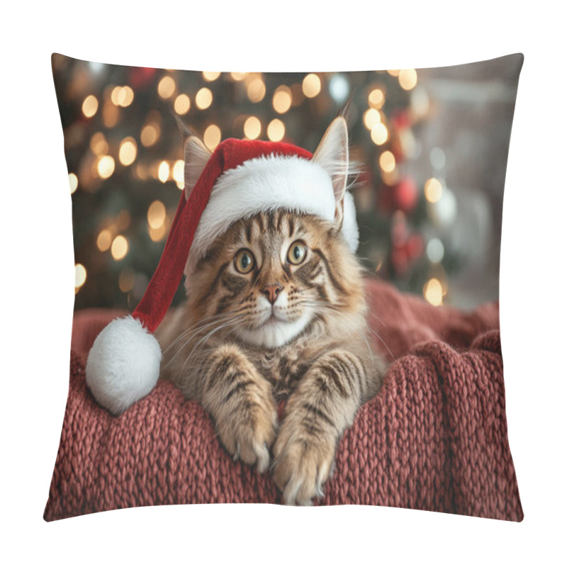 Personality  This Playful Feline Lounges Adorably In A Soft Blanket, Enjoying The Holiday Spirit By A Bright Tree. Pillow Covers