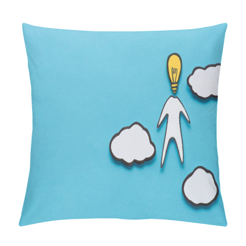 Personality  Cardboard Man With Light Bulb Head And Clouds On Blue Background, Ideas Concept Pillow Covers