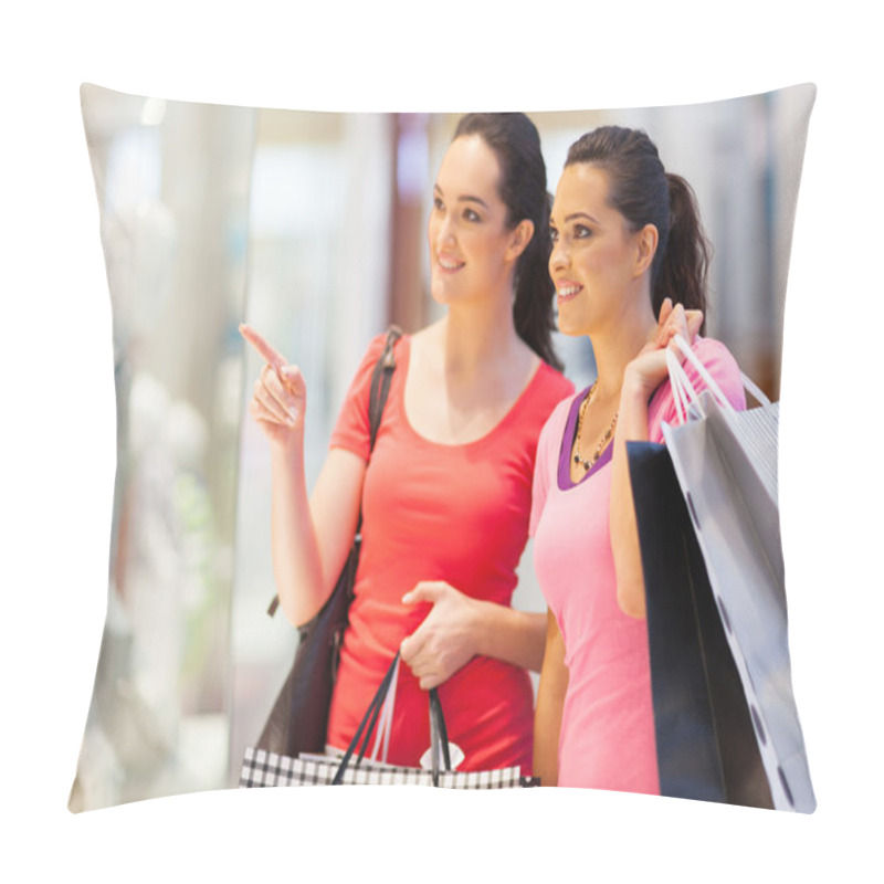 Personality  Two Young Women Shopping In Mall Pillow Covers