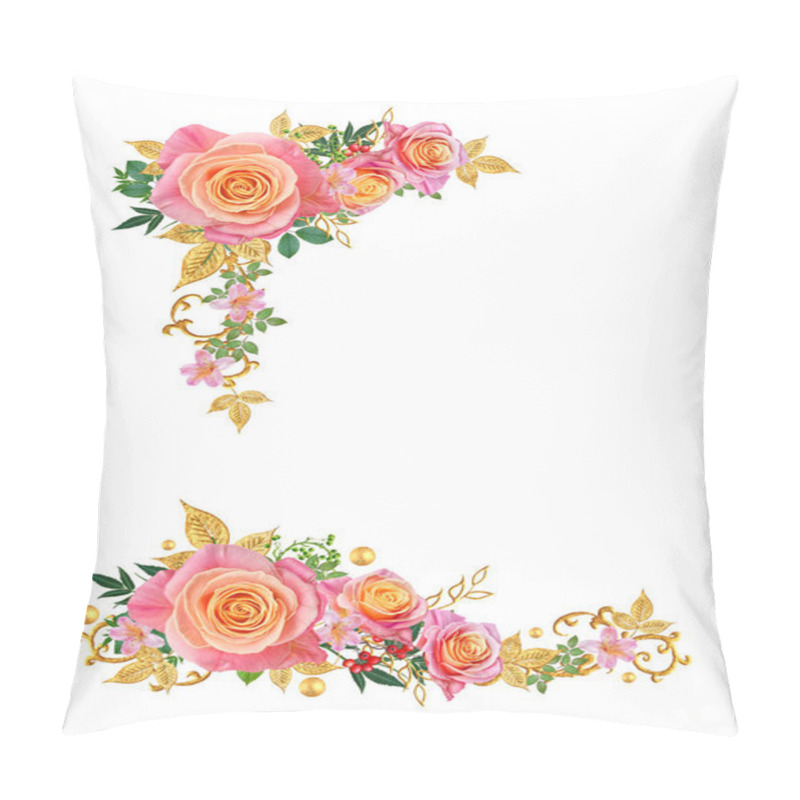 Personality  Decorative Corner Vignette. Golden Curl, Glittering Leaves, Flower Rinds, Red Roses. Isolated On White Background. Pillow Covers