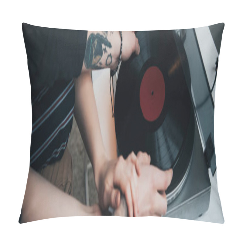 Personality  Cropped View Of Tattooed Couple Putting Vinyl Record On Record Player  Pillow Covers