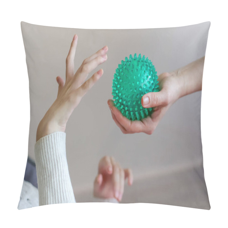 Personality  Remedial Classes With Children With Cerebral Palsy, Exercise And Massage Green Ball. The Child Tries To Take The Ball From The Hands Of A Volunteer Close Up Selective Focus Pillow Covers