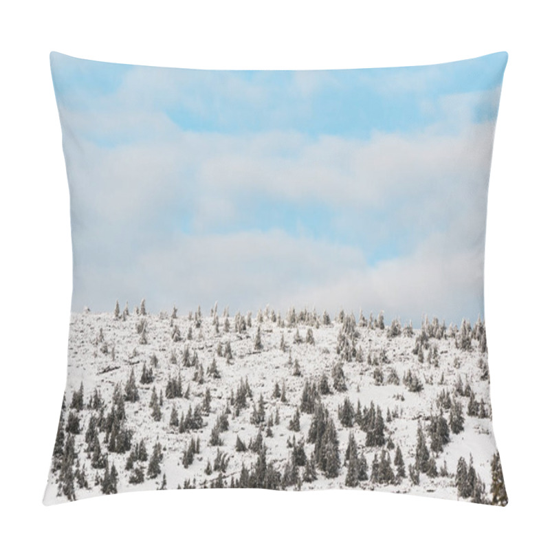 Personality  Scenic View Of Snowy Hill With Pine Trees With White Fluffy Clouds In Blue Sky Pillow Covers