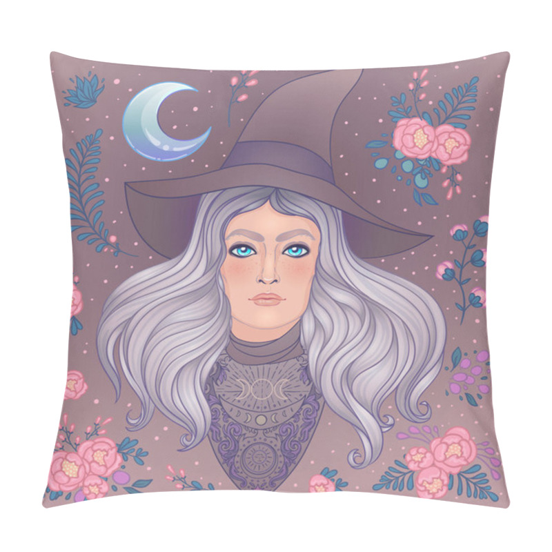 Personality  Wiccan Witch With Moon, Herbs And Wlowers. Young Woman With Long Blond Hair And Magic Hat. Alchemy, Tattoo Art, T-shirt Design, Adult Magic Book. Vector. Illustration. Pillow Covers