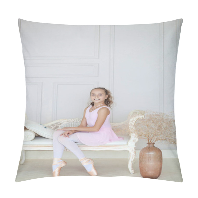 Personality  A Cute Little Ballerina In A Pink Ballet Costume And Pointe Sits On The Sofa. Ballerina In The Dance Class. The Girl Is Studying Ballet. Ballerina Dancing In A White Studio. Classical Dance, Ballet Pillow Covers