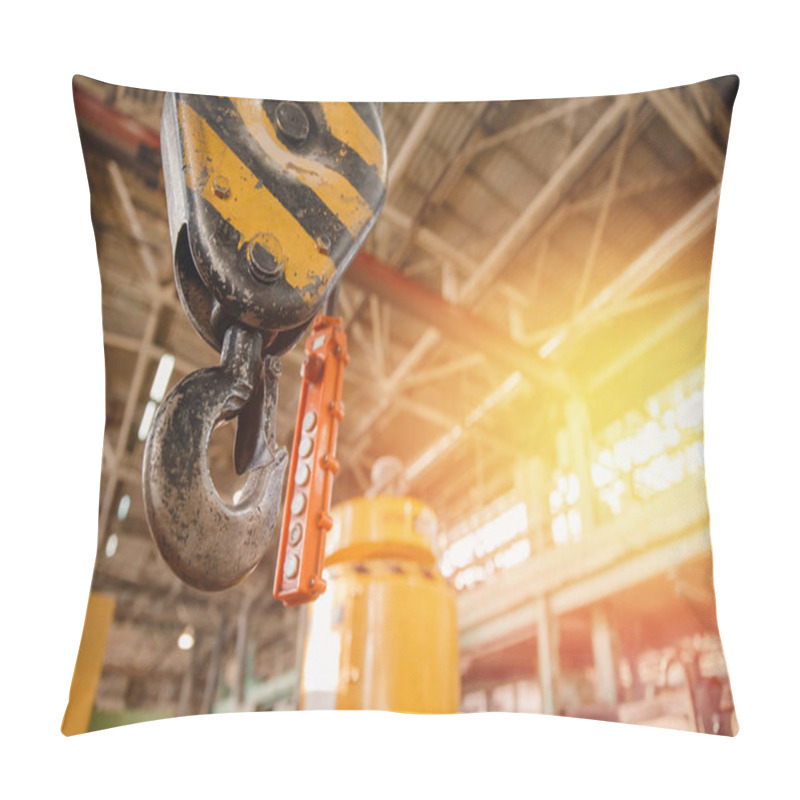 Personality  Crane Chain And Hook Blurred Warehouse Background With Remote Control. Concept Production Steel Factory Pillow Covers