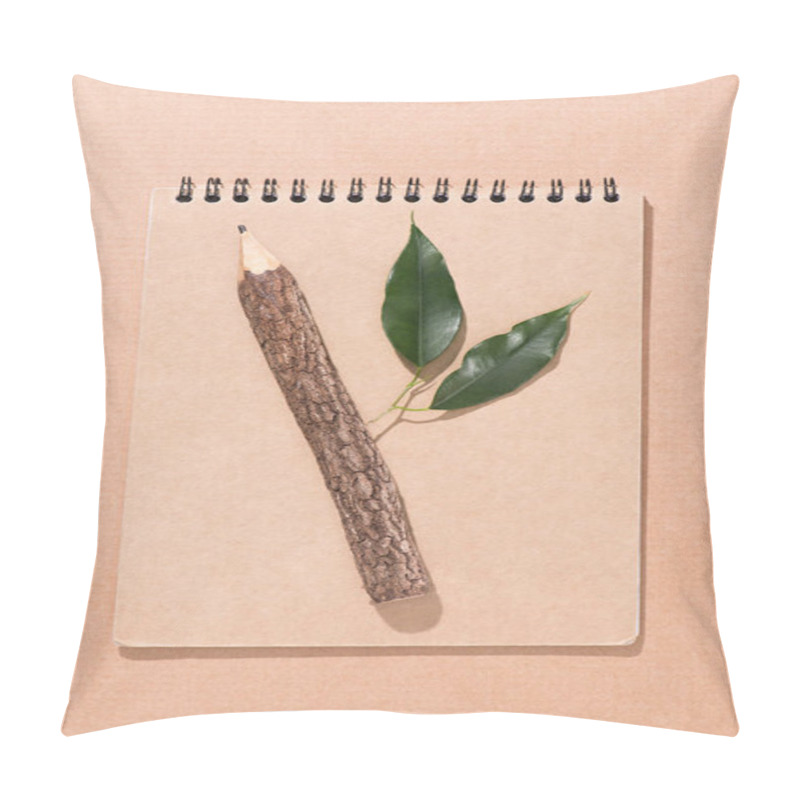 Personality  Top View Of Wooden Pencil With Green Leaves On Blank Notebook On Beige Pillow Covers