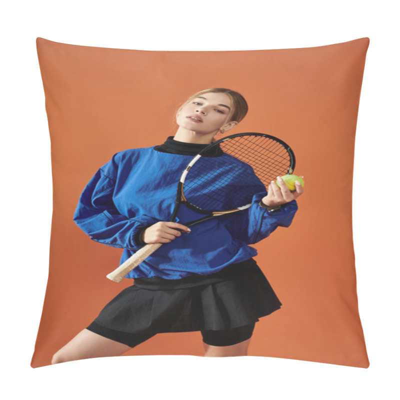 Personality  A Passionate Athlete Poses With A Tennis Racquet And Ball Against A Bright Orange Background. Pillow Covers