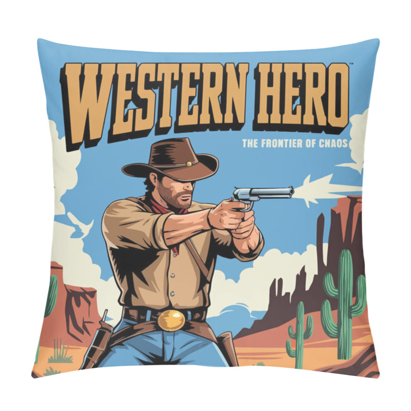 Personality  Western Hero Logo With Cowboy Shooting In Desert Scene Pillow Covers