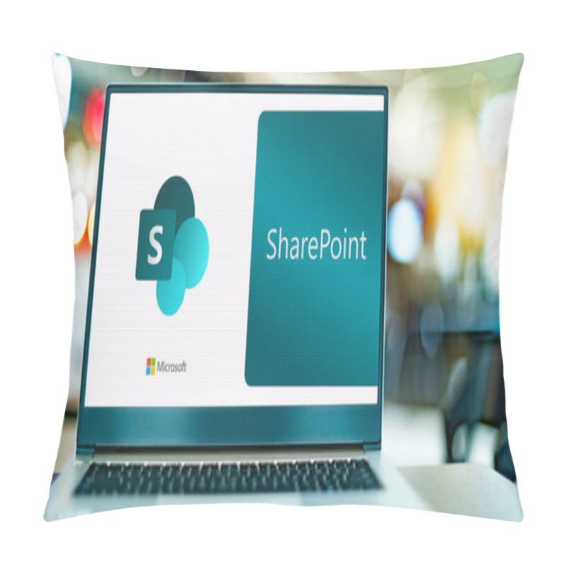 Personality  POZNAN, POL - DEC 12, 2021: Laptop Computer Displaying Logo Of SharePoint Is A Web-based Collaborative Platform, Part Of The Office Family Software And Services Developed By Microsoft Pillow Covers