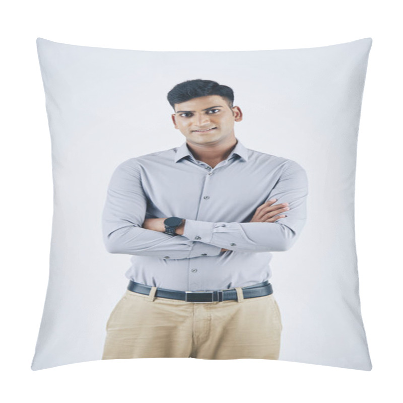 Personality  Smiling Handsome Indian Businessman Crossing Arms And Looking At Camera, Isolated On White Pillow Covers