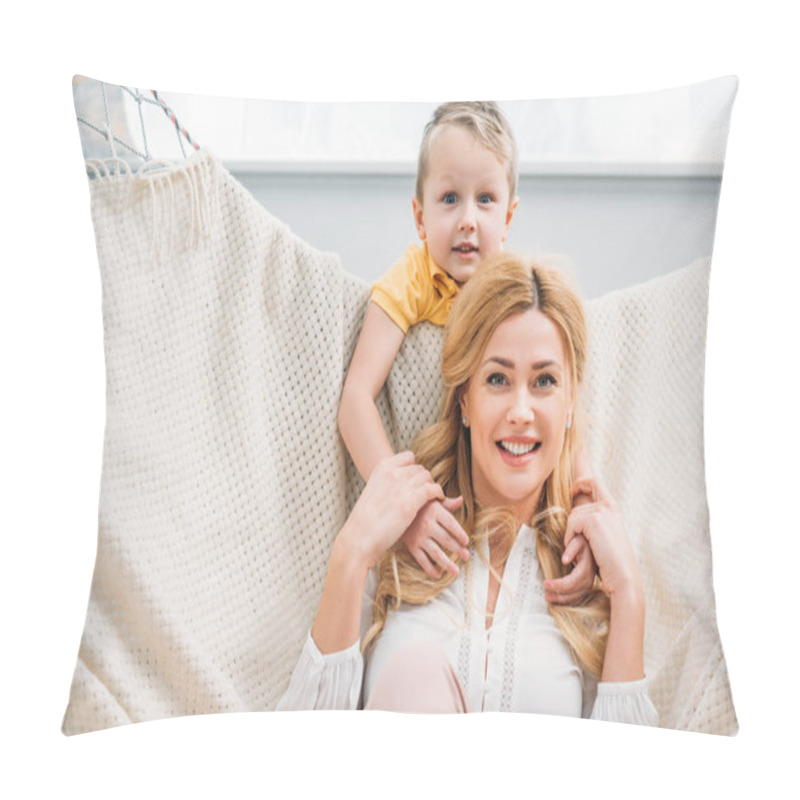 Personality  Little Boy Embracing Smiling Mother While She Laying In Hammock  Pillow Covers