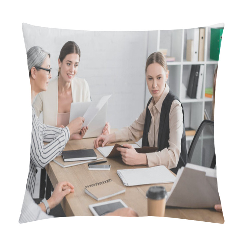 Personality  Asian Businesswoman Holding Document Near Happy Team Leader And Coworkers In Office Pillow Covers