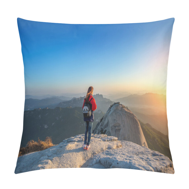 Personality  Woman Stands On The Peak Of Stone In Bukhansan National Park,Seo Pillow Covers