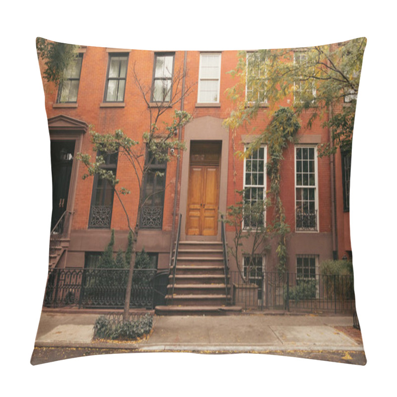 Personality  Facade Of Building With Steps And Doors On Urban Street In Brooklyn Heights In New York City Pillow Covers