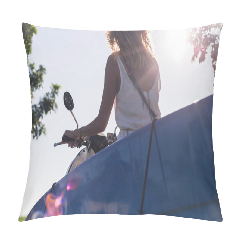 Personality  Partial View Of Woman Riding Scooter With Surfing Board Against Blue Sky Pillow Covers