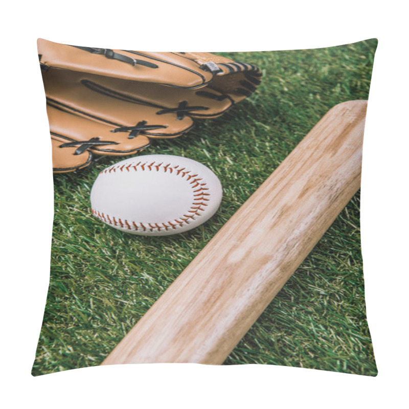 Personality  Close Up View Of Baseball Equipment Arranged On Green Grass Pillow Covers