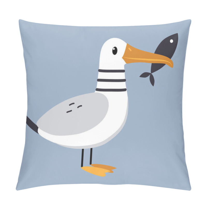 Personality  Cute Seagull As Arctic Animal Holding Fish With Its Bill Vector Illustration Pillow Covers